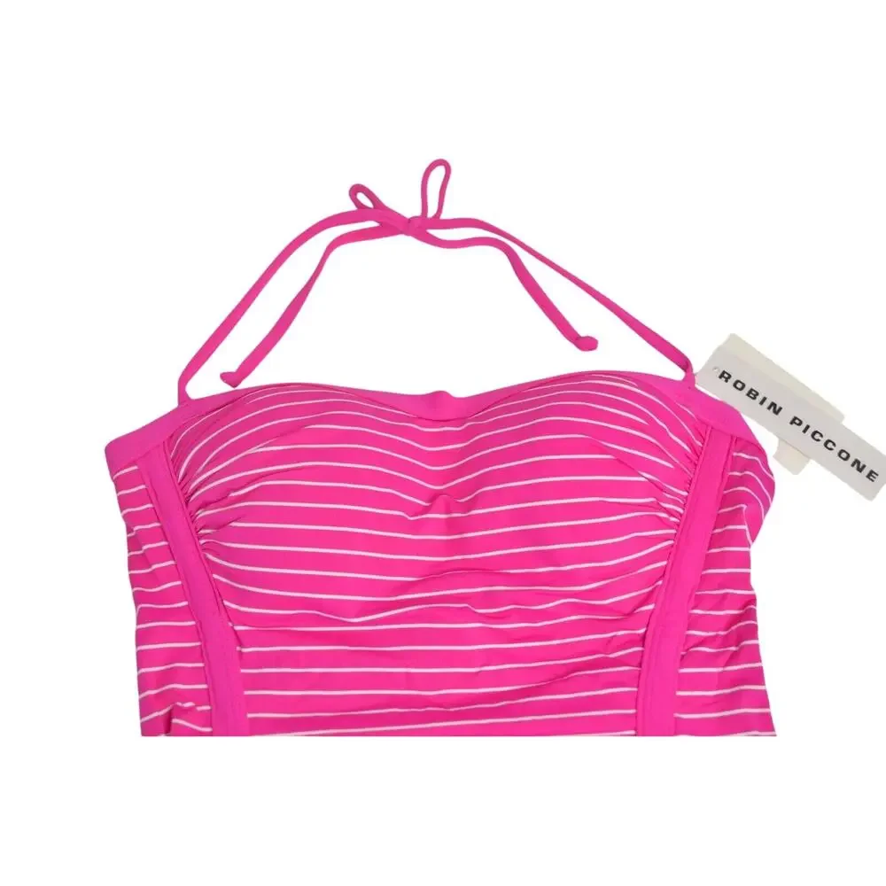 ROBIN PICCONE Women's Pink & White Striped Padded Tankini Halter Top